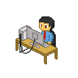 An animated image of a man working at a computer desk