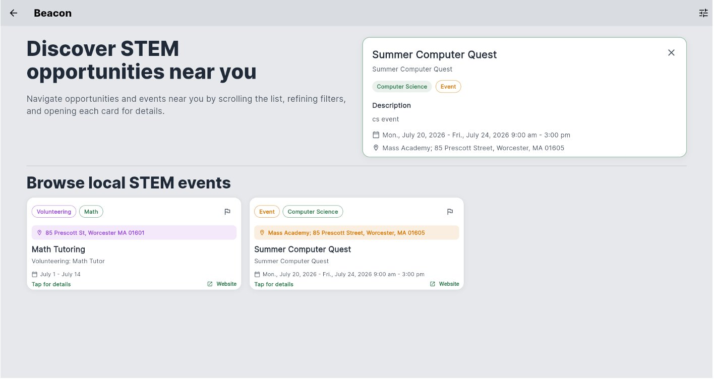 Beacon browse screen showing Discover STEM opportunities with event cards