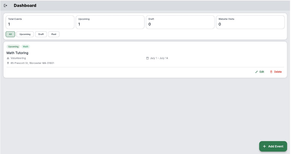 Beacon organization dashboard with Total Events, Upcoming, Draft, and Website Visits metrics