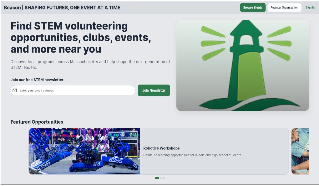 Beacon home page showing 'Find STEM volunteering opportunities, clubs, events, and more near you'