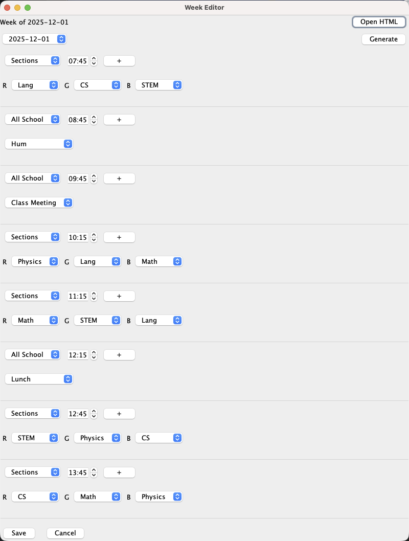 The editor which allows you to customize a day