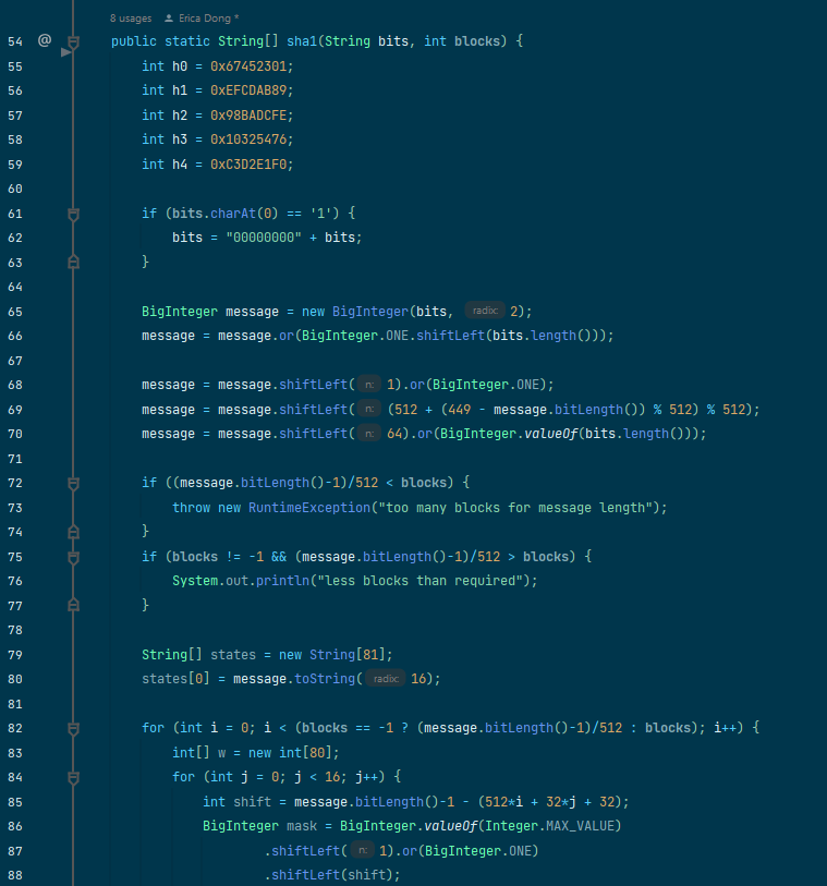 Picture of Java code implementing SHA-1 hash