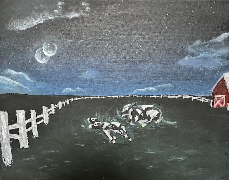 painted two-head cow with starry night sky