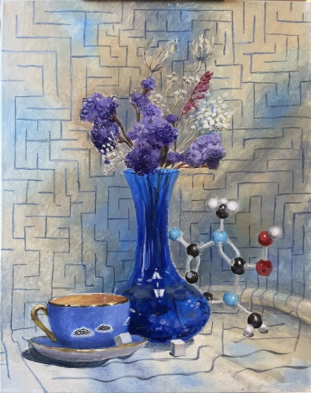 An acryllic painting of a blue vase, with a maze in the background.