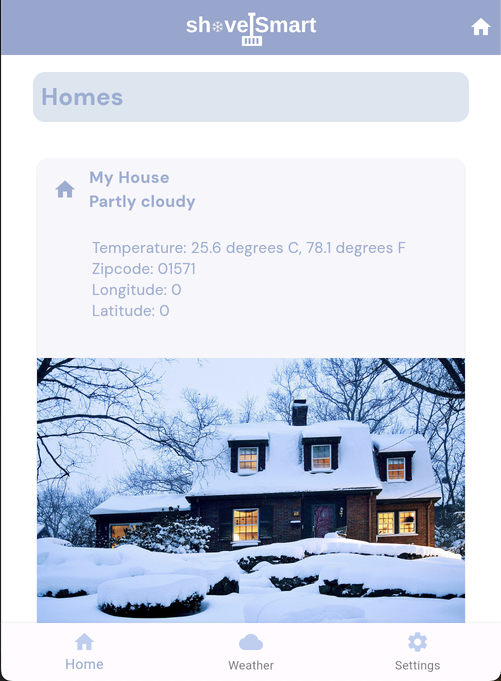 Screenshot of shovelSmart's home page with a house object.