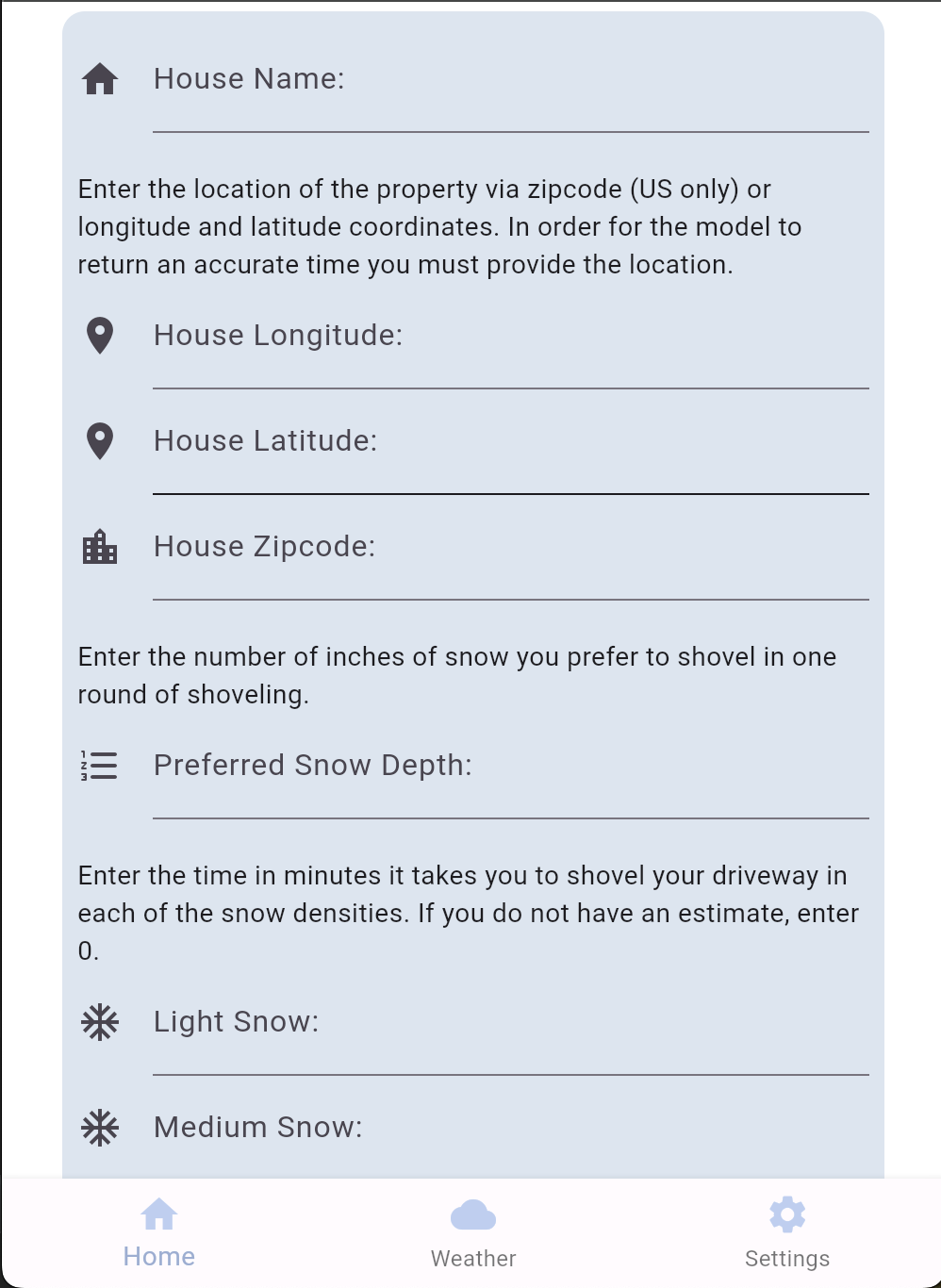 Screenshot of the form needed to add a new house.