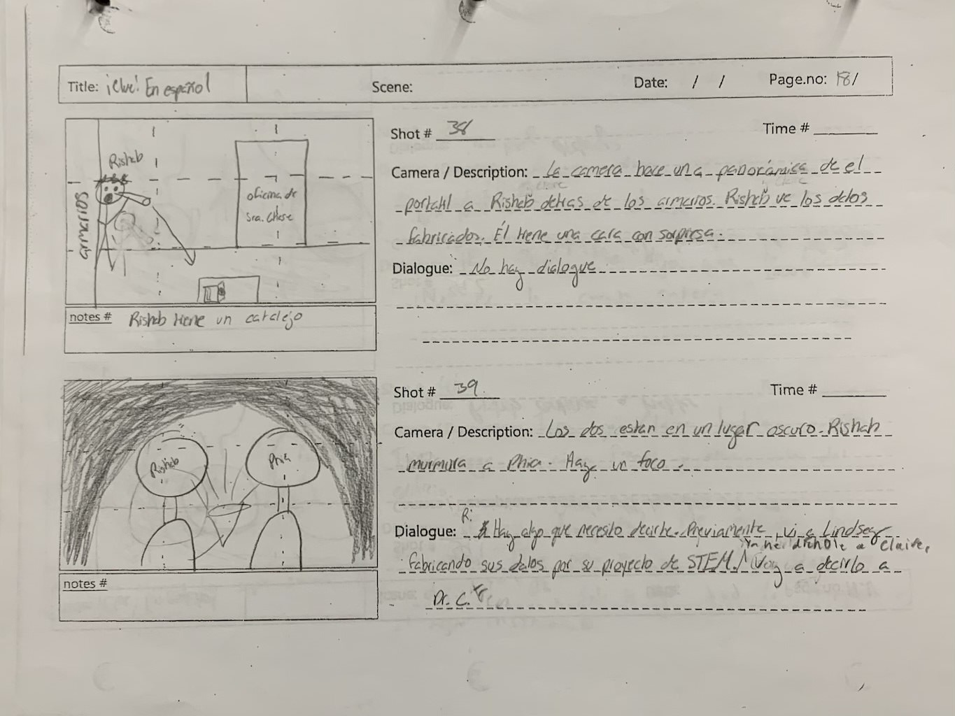 picture of takes 38 and 39 for the spanish shortfilm. It shows a student spying on the other fabricating data for STEM.