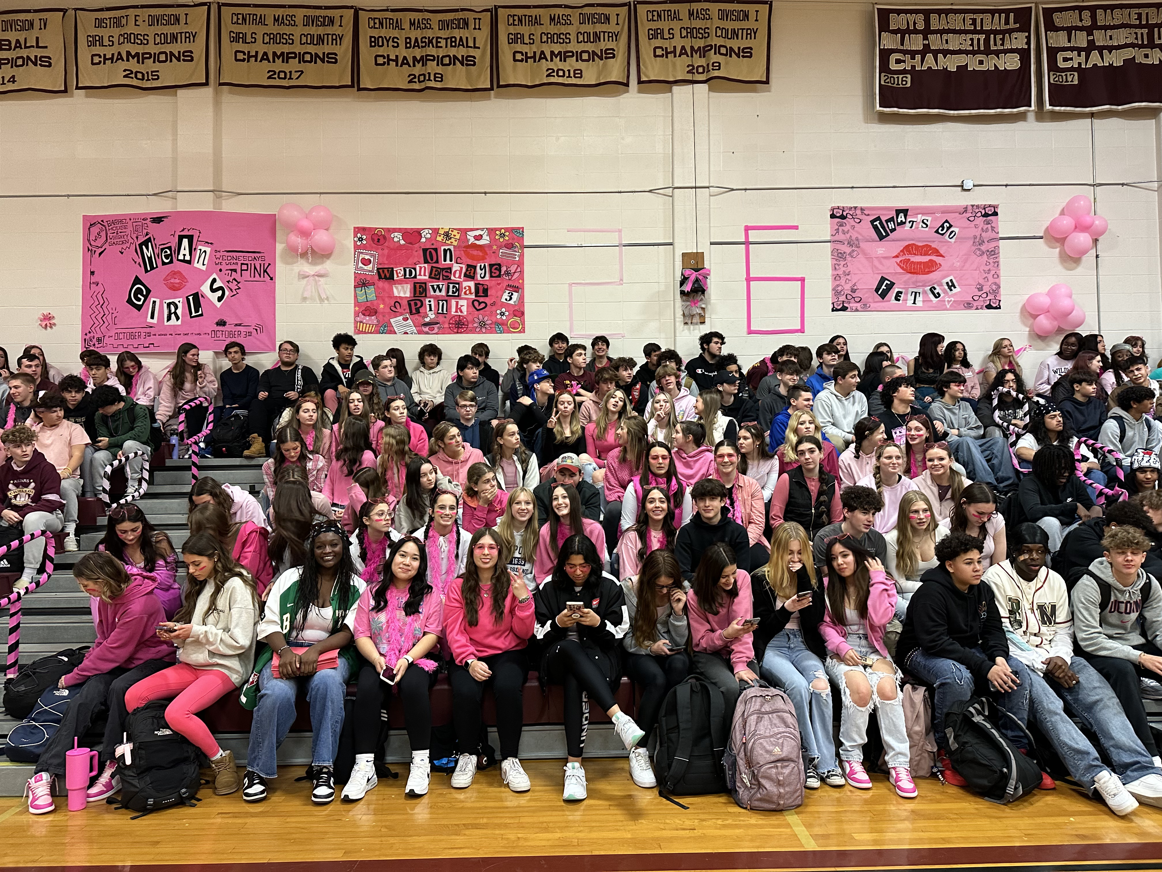 SHRHS Class of '26 in pink at 2023 pep rally