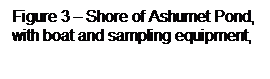 Text Box: Figure 3  Shore of Ashumet Pond, with boat and sampling equipment, 
