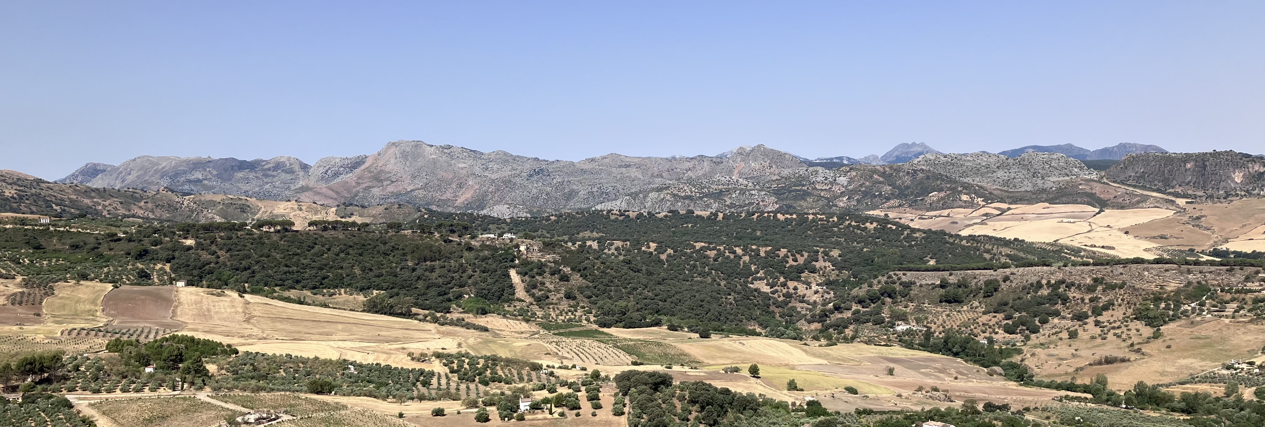 View of mountains, sky, and grassy fields. Captured in Ronda, Spain.