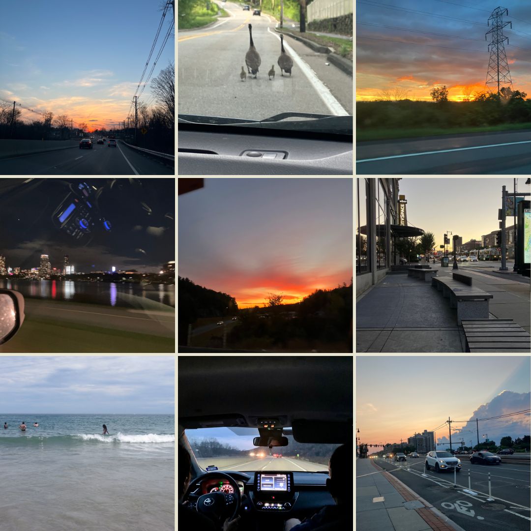 Grid of photos of sunsets and pretty views