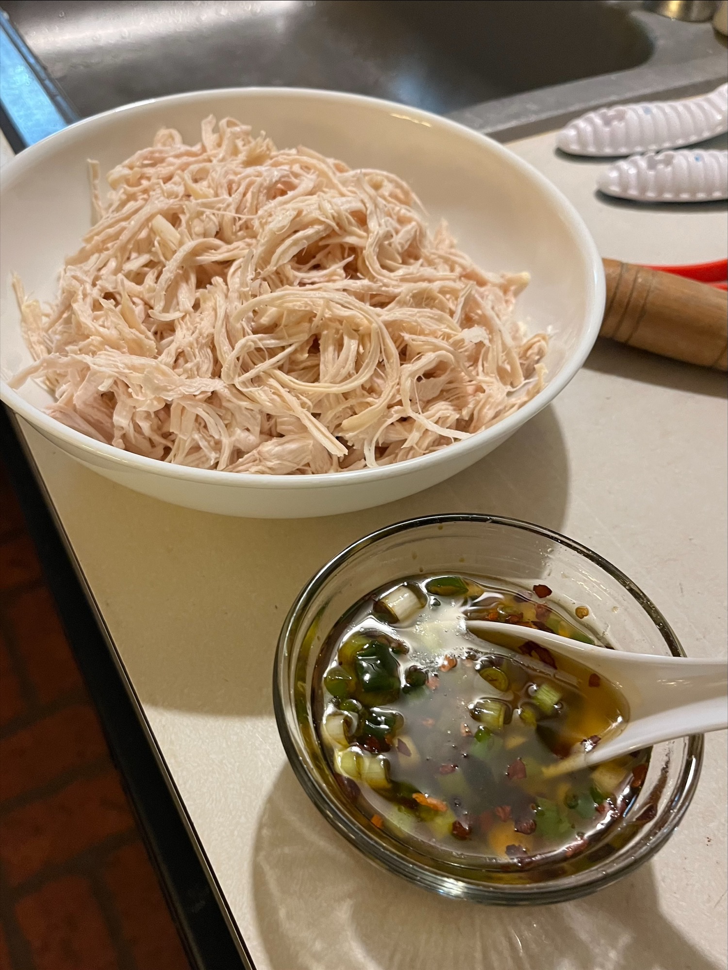 Shredded Chicken with Sauce before Mixing