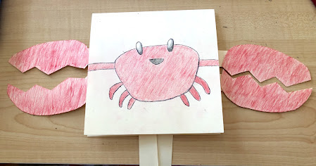 A drawing of a crab where the claws are on hinges so they open and close