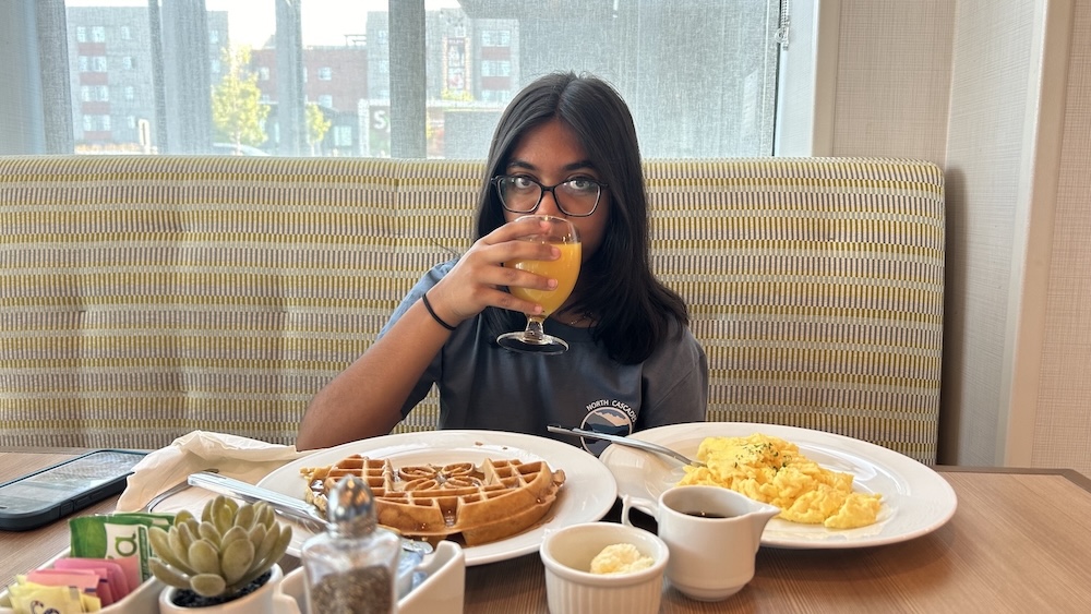 Me eating breakfast at a hotel in Seattle!