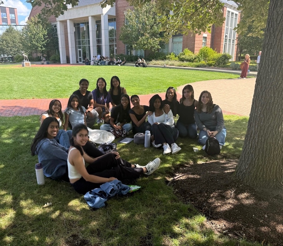 My friends and I eating lunch outside before our skits!
