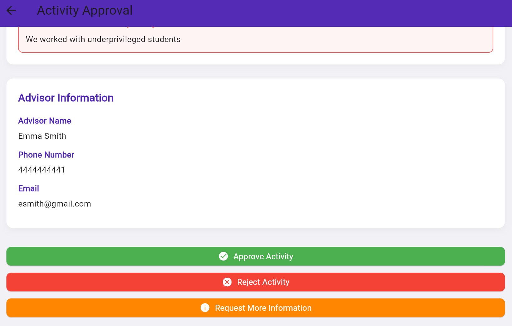 The admin activity approval page