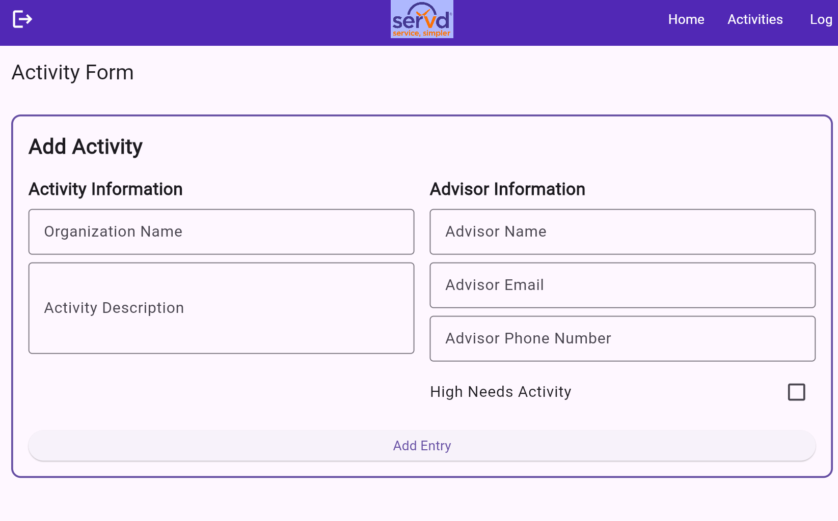 The student activity submission form page