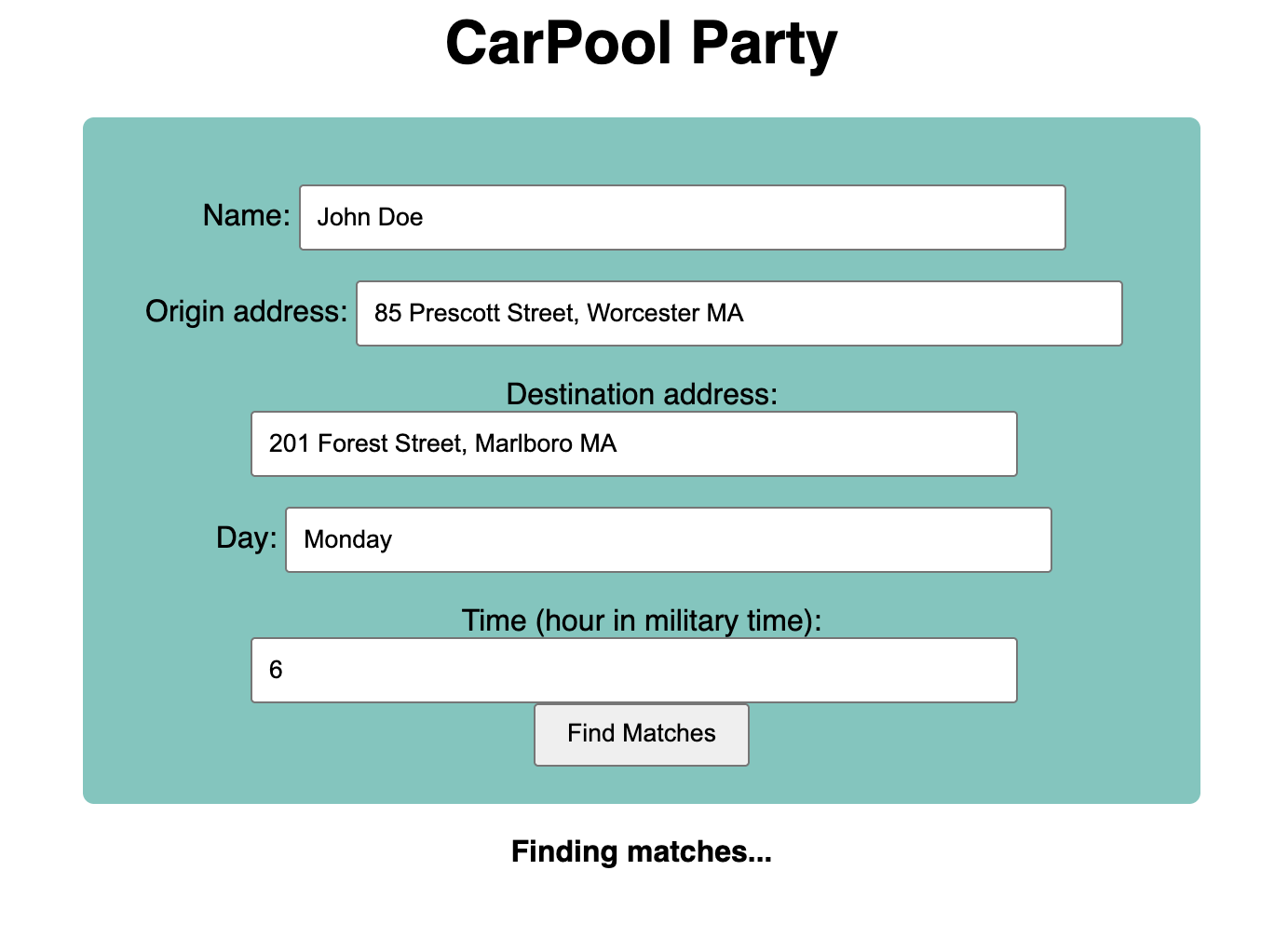 Carpool PWA Main Screen