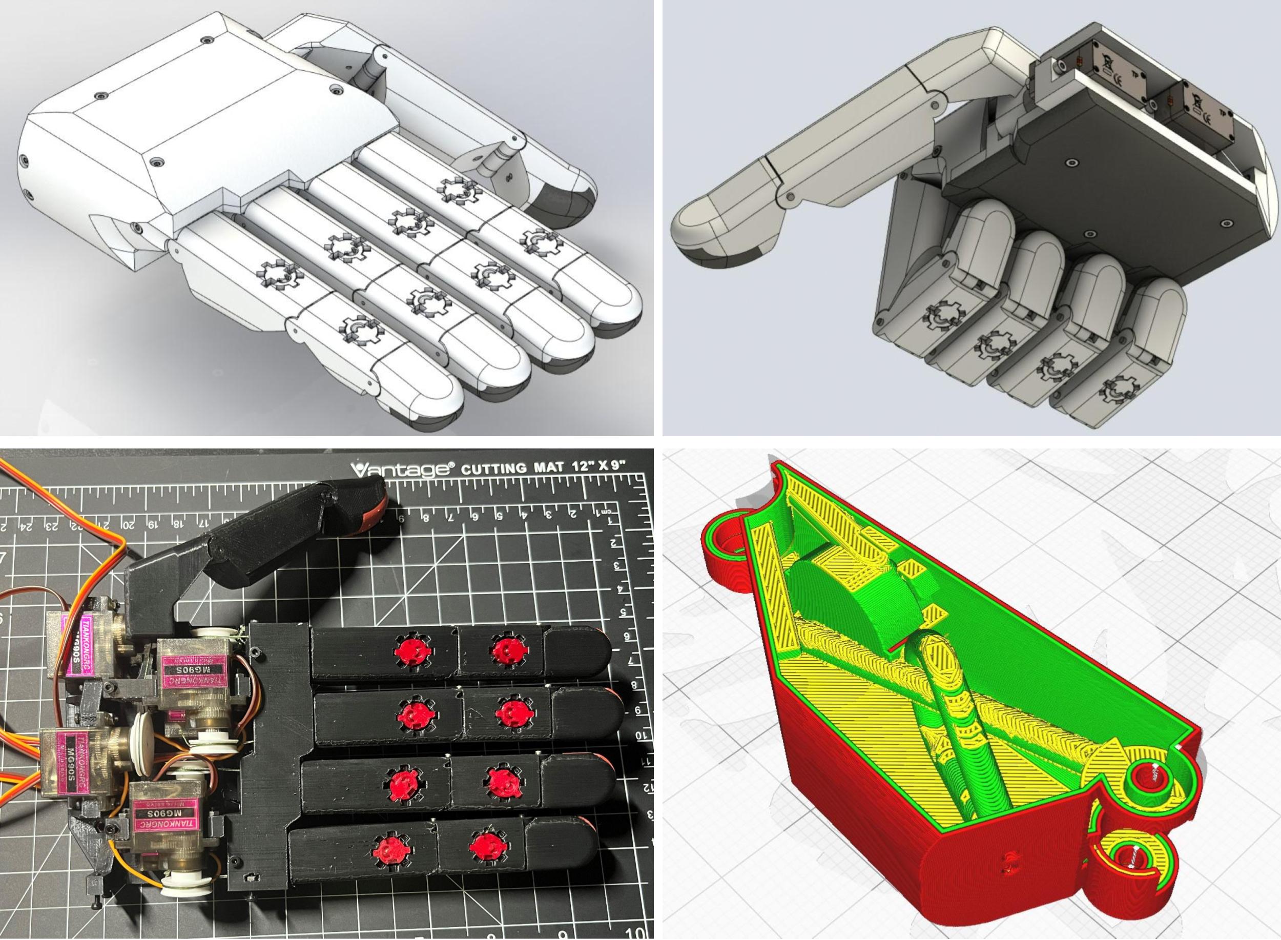 A collection of four images. The first two are renders of the hand in an open and closed position.
                    The third is a picture of a physical hand without the top cover, exposing the servos. The fourth is a look inside the
                    proximal phalange showing the internal routes for fishing line.